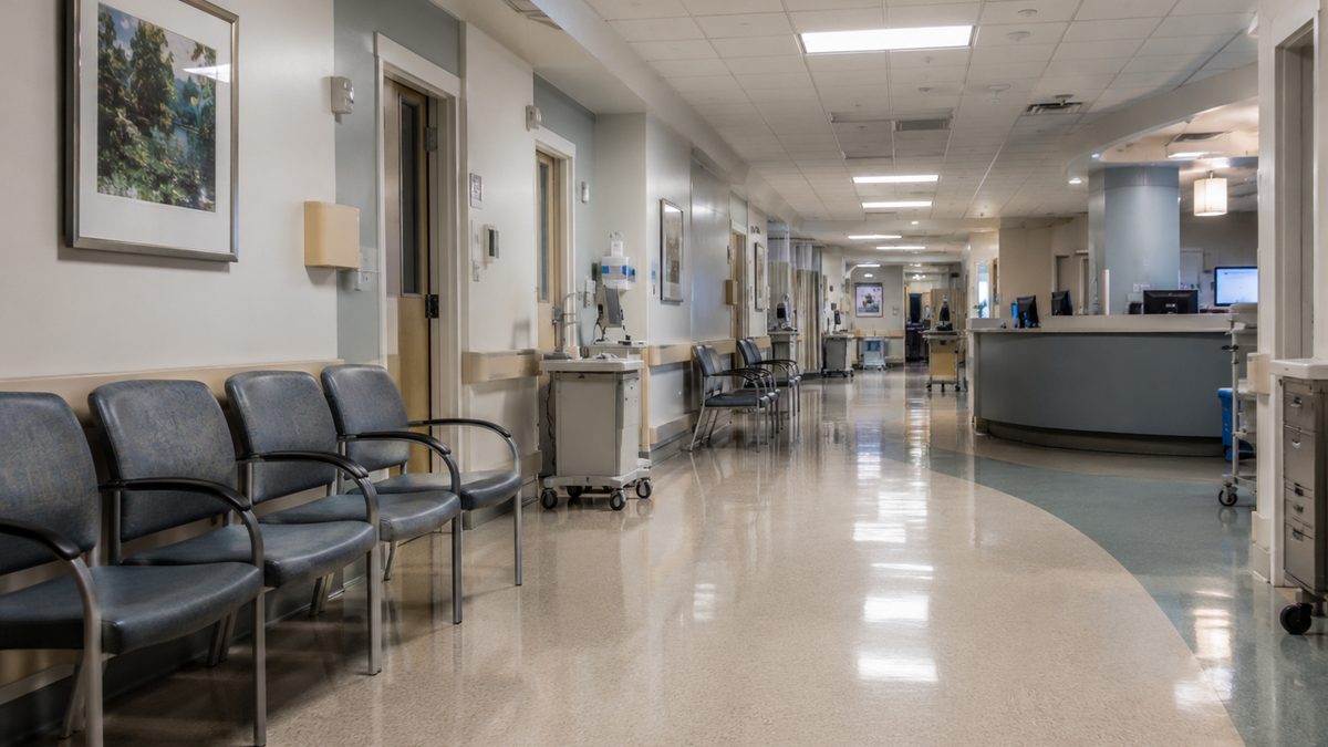 A quiet hospital emergency department hallway with empty chairs and a nurse station in the distance.