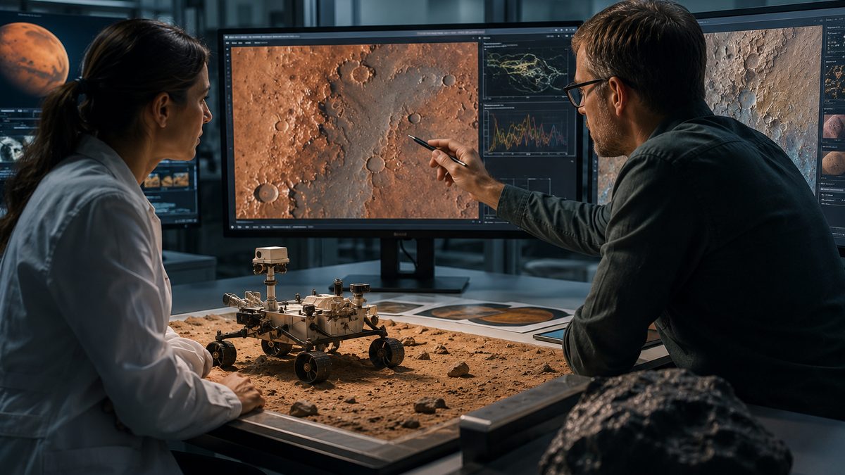 Researchers review Mars terrain and mineral maps beside a rover model.