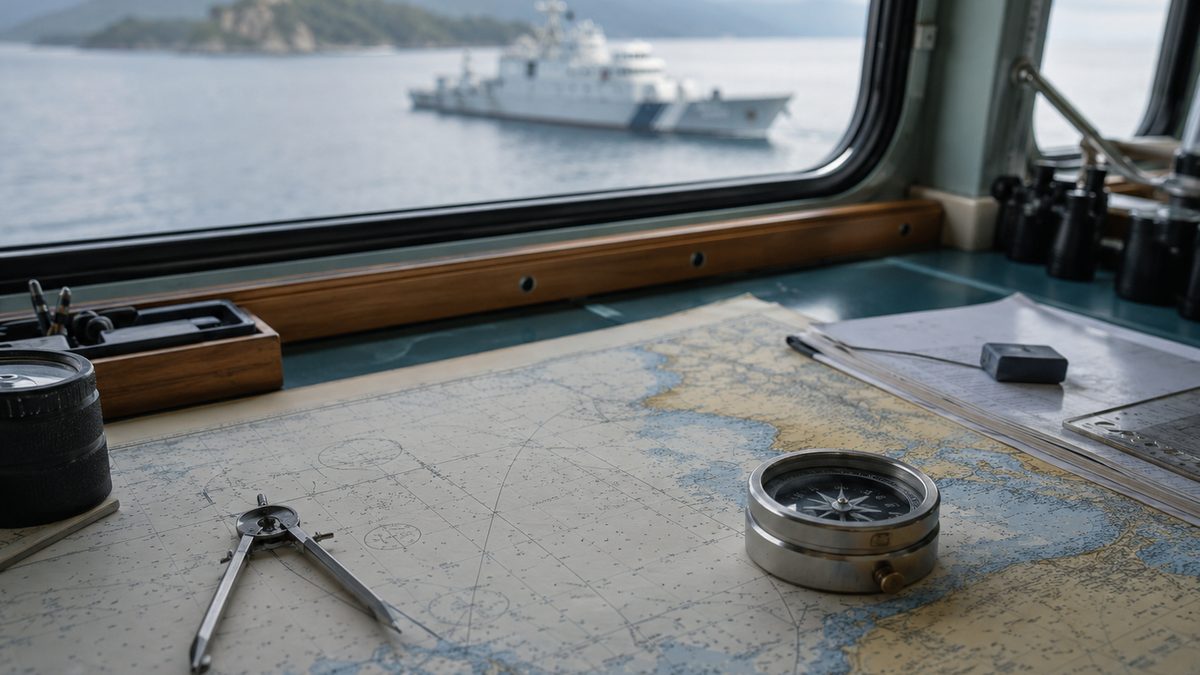 A nautical chart and compass on a desk with a patrol vessel blurred in the distance.