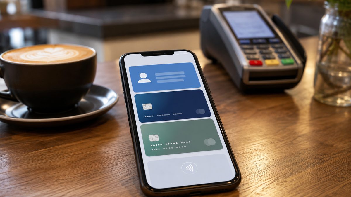 A smartphone on a table shows abstract digital wallet and ID icons near a blurred payment terminal.