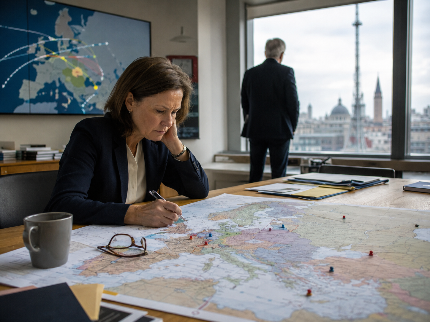 Officials review military exercise maps in a European defense briefing room.