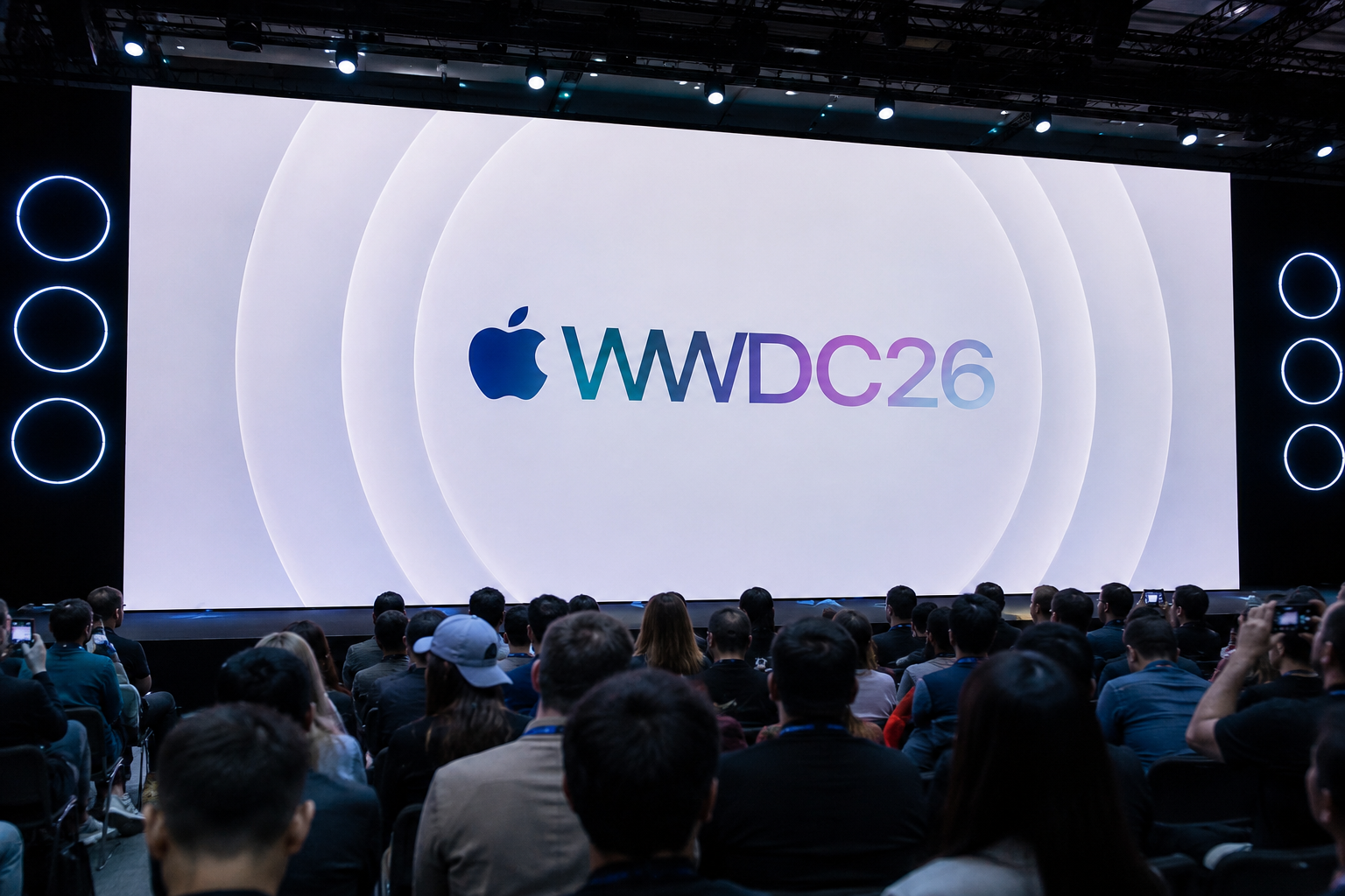 An iPhone and laptop on a desk during a technology event.