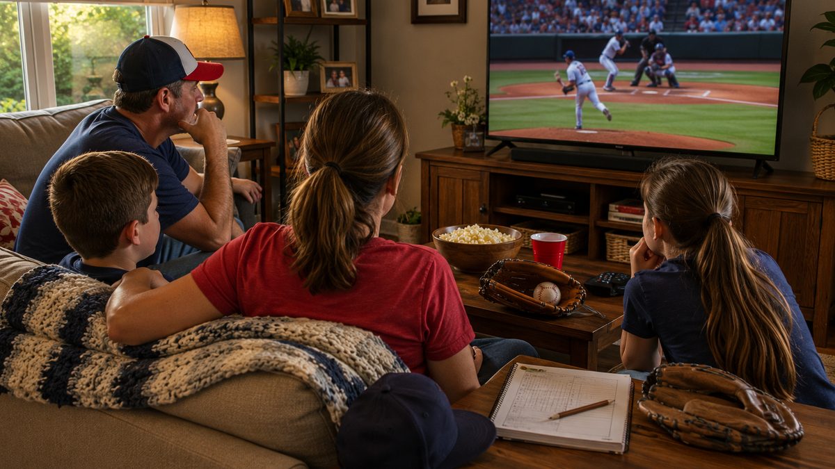 A family watches a baseball game on television in a living room with gloves and a scorebook nearby.