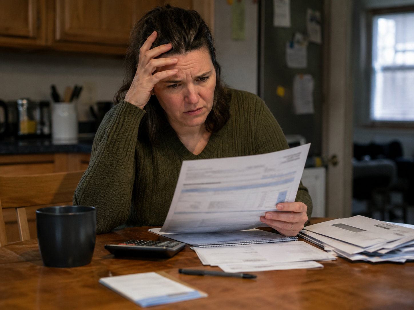 An electric bill, thermostat and calculator sit on a kitchen counter.