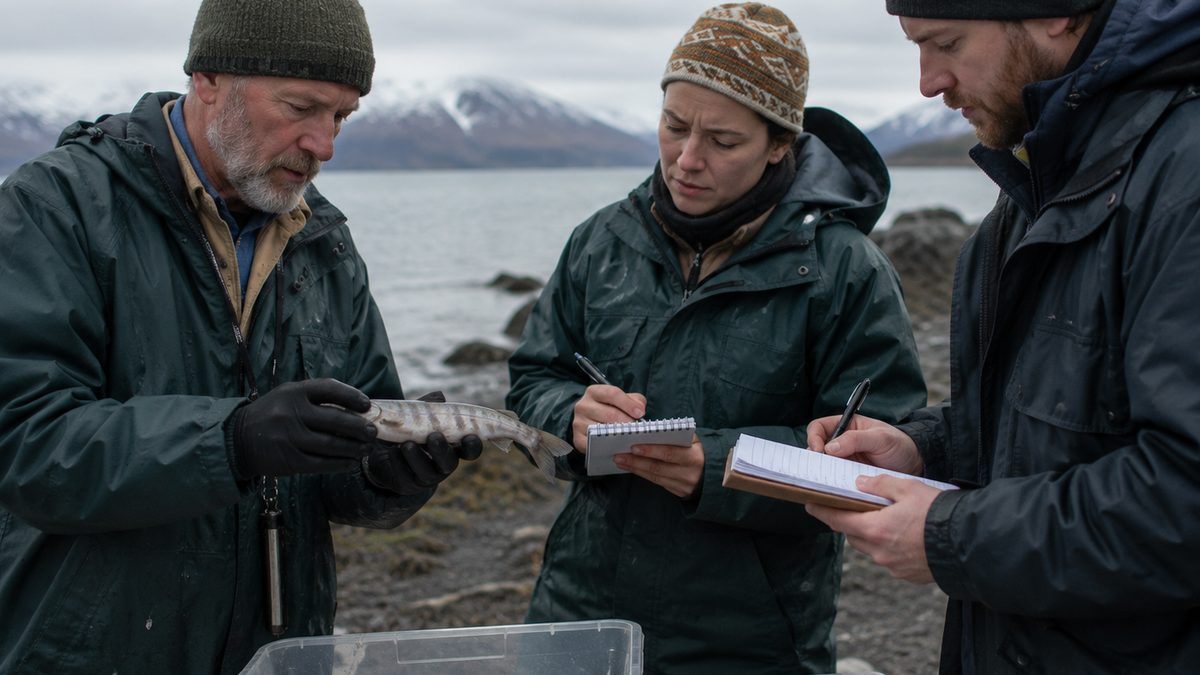 Fisheries researchers examine a small salmon specimen near a cold northern shoreline.