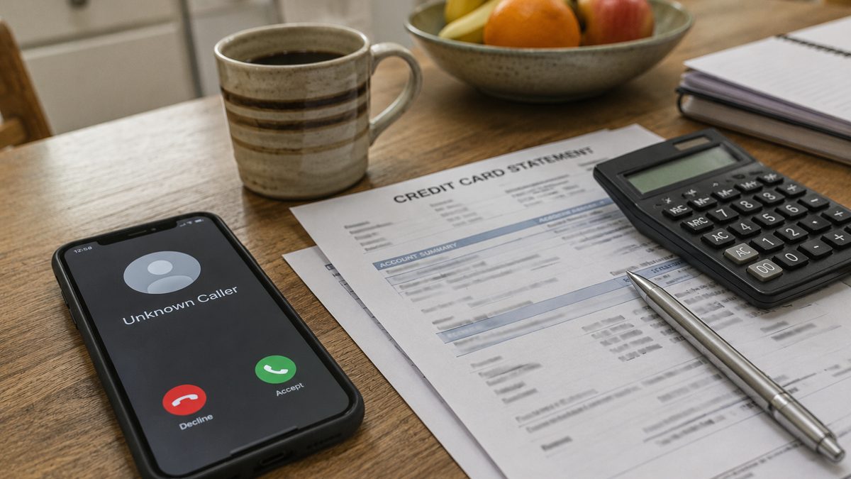A smartphone, credit card bill and calculator sit on a kitchen table.
