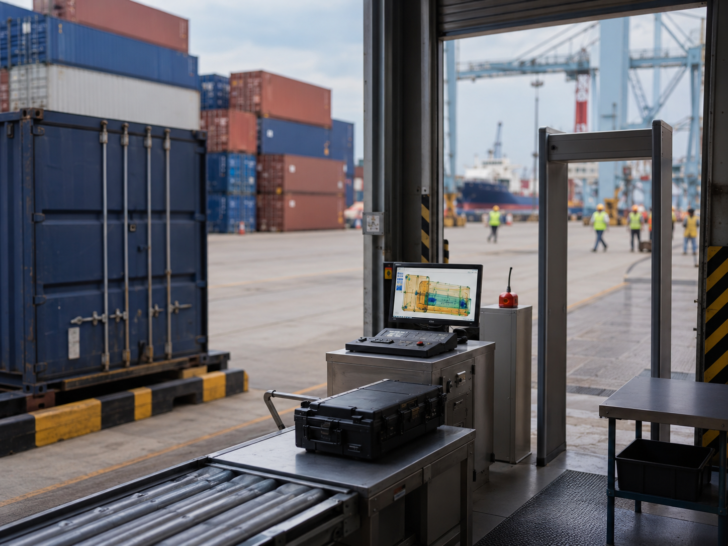 Cargo containers sit near a customs inspection area at a port.