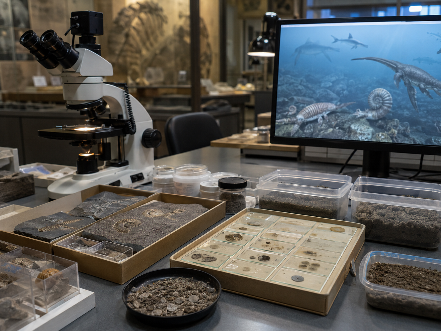 Marine fossil samples and microscope equipment arranged on a research table.