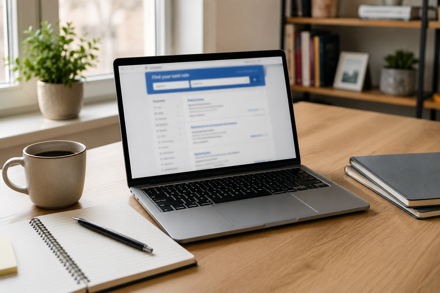 A laptop and notebook on a desk used for job searching.