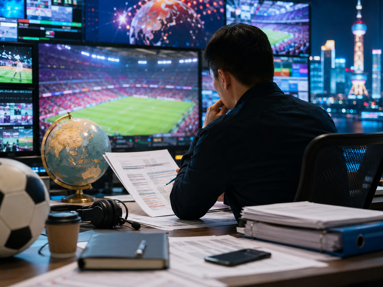 Broadcast monitors show a blurred soccer match in a control room.