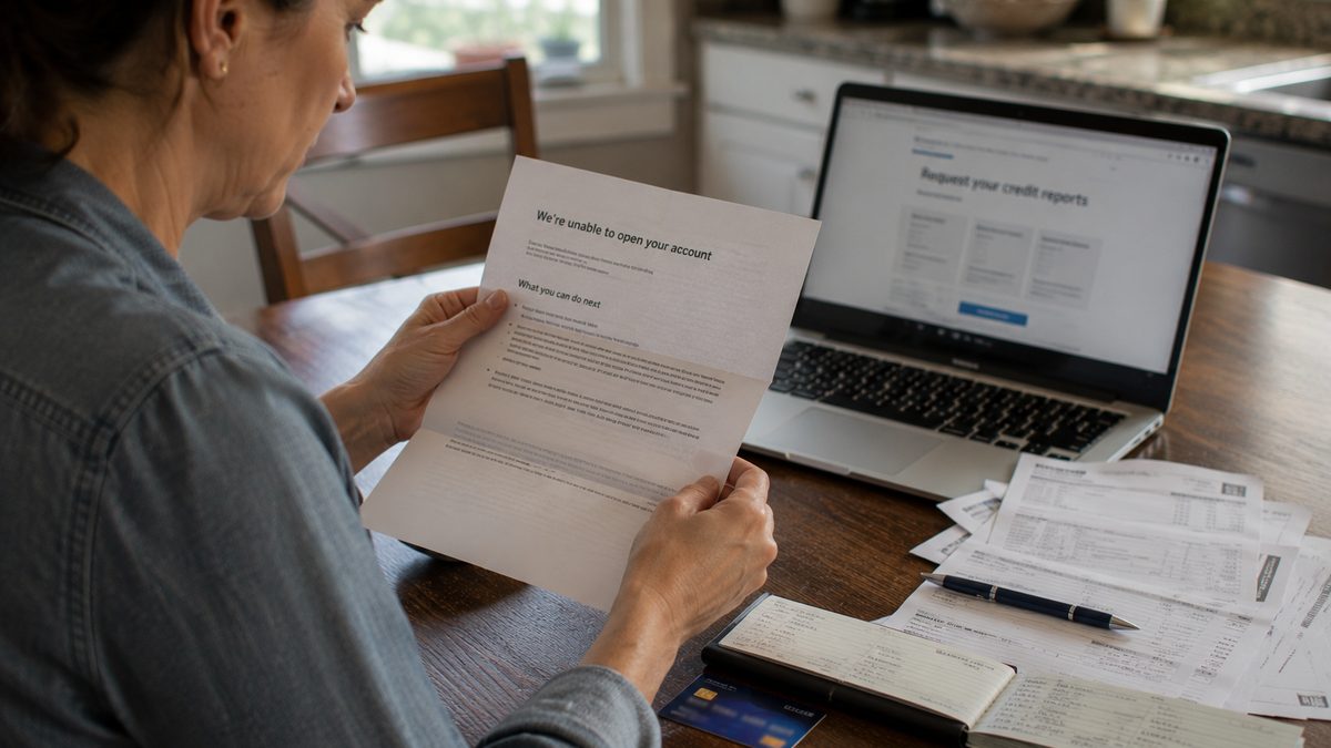 A person reviews a bank account denial letter and financial paperwork at a kitchen table.