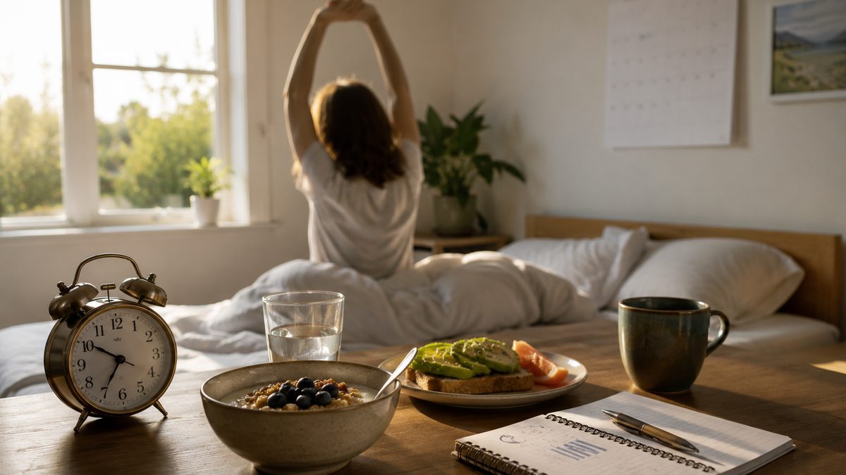 A person wakes in morning light near a kitchen table with breakfast, a clock, and a sleep notebook.