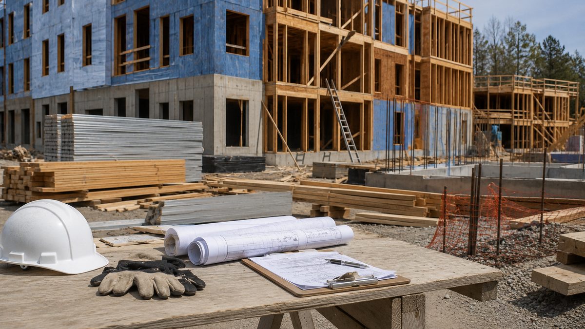 Building materials and construction plans sit at an unfinished affordable housing site.