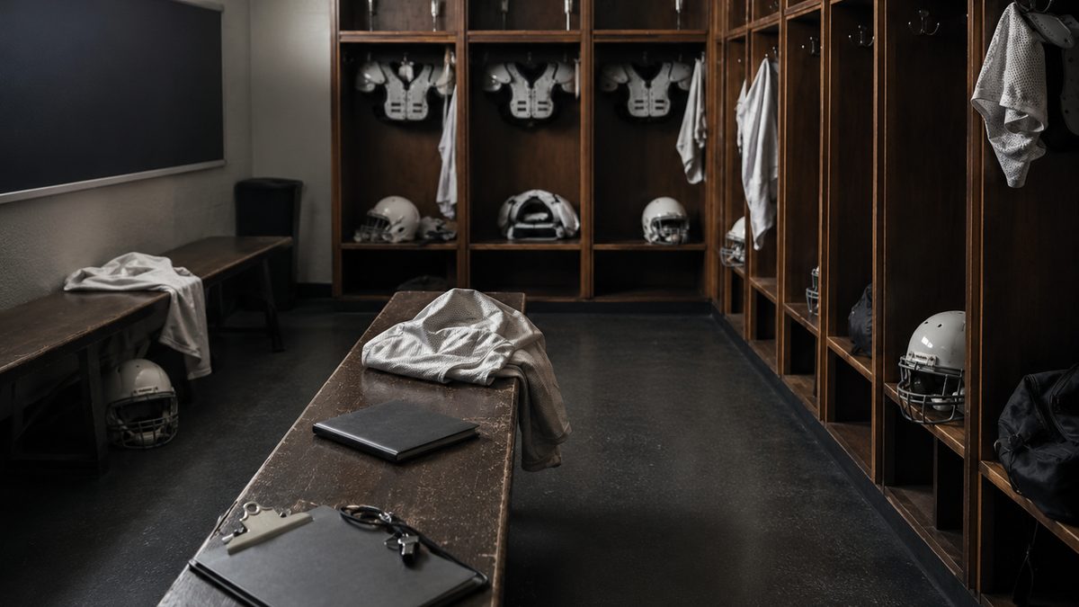 Football gear and a clipboard sit in an empty locker room during roster cut season.