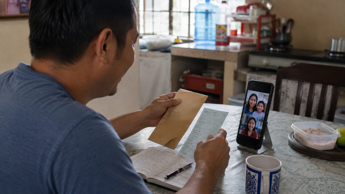 A worker reviews a pay envelope during a video call with family.