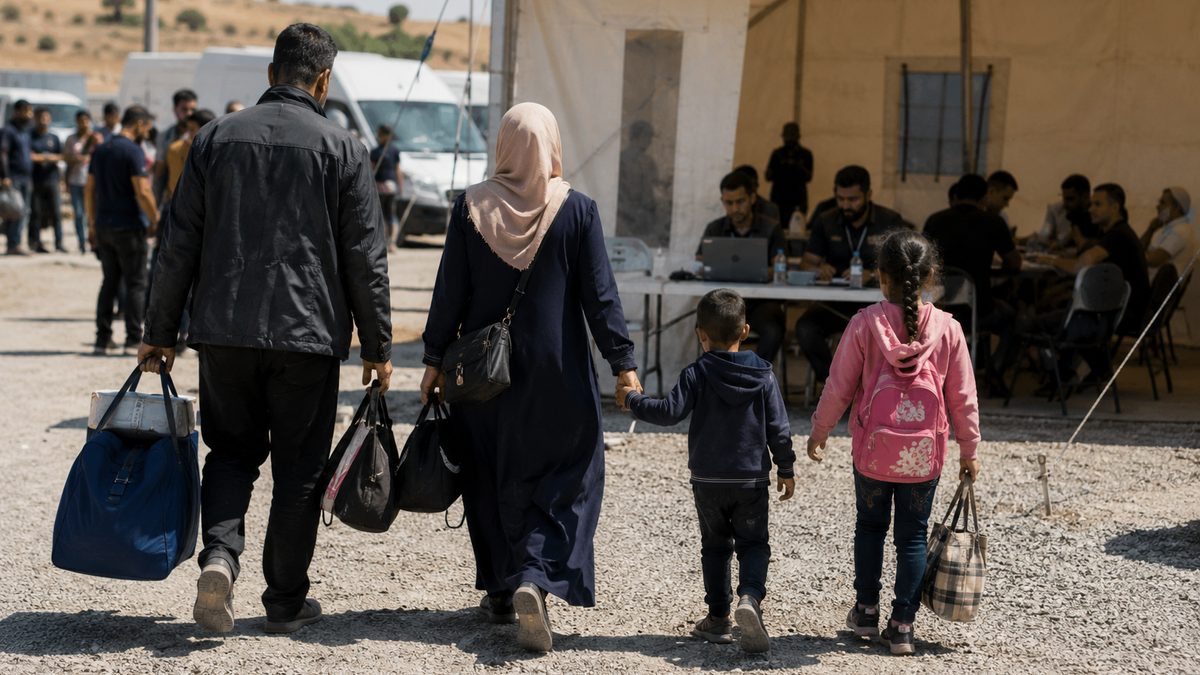 A family carrying bags walks near a humanitarian registration tent.