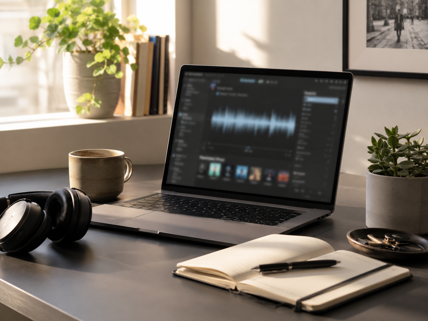 Headphones beside a laptop and notebook on a quiet workspace.