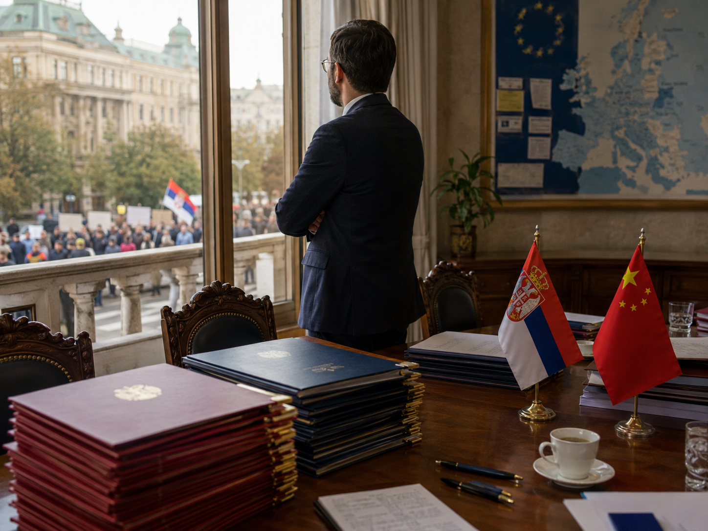A Serbia map and diplomatic folders sit on a government desk while protest lights blur outside.