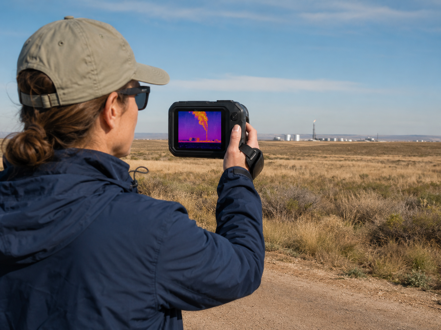 A laptop showing a blurred satellite-style map used for climate monitoring.