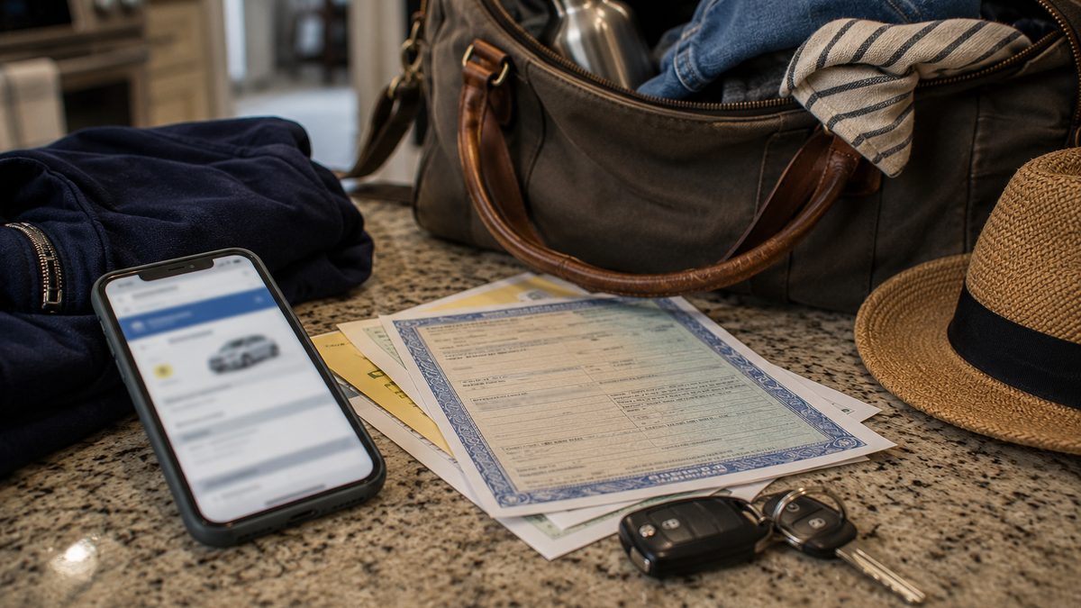 A phone and vehicle documents prepared for a car recall check before travel.