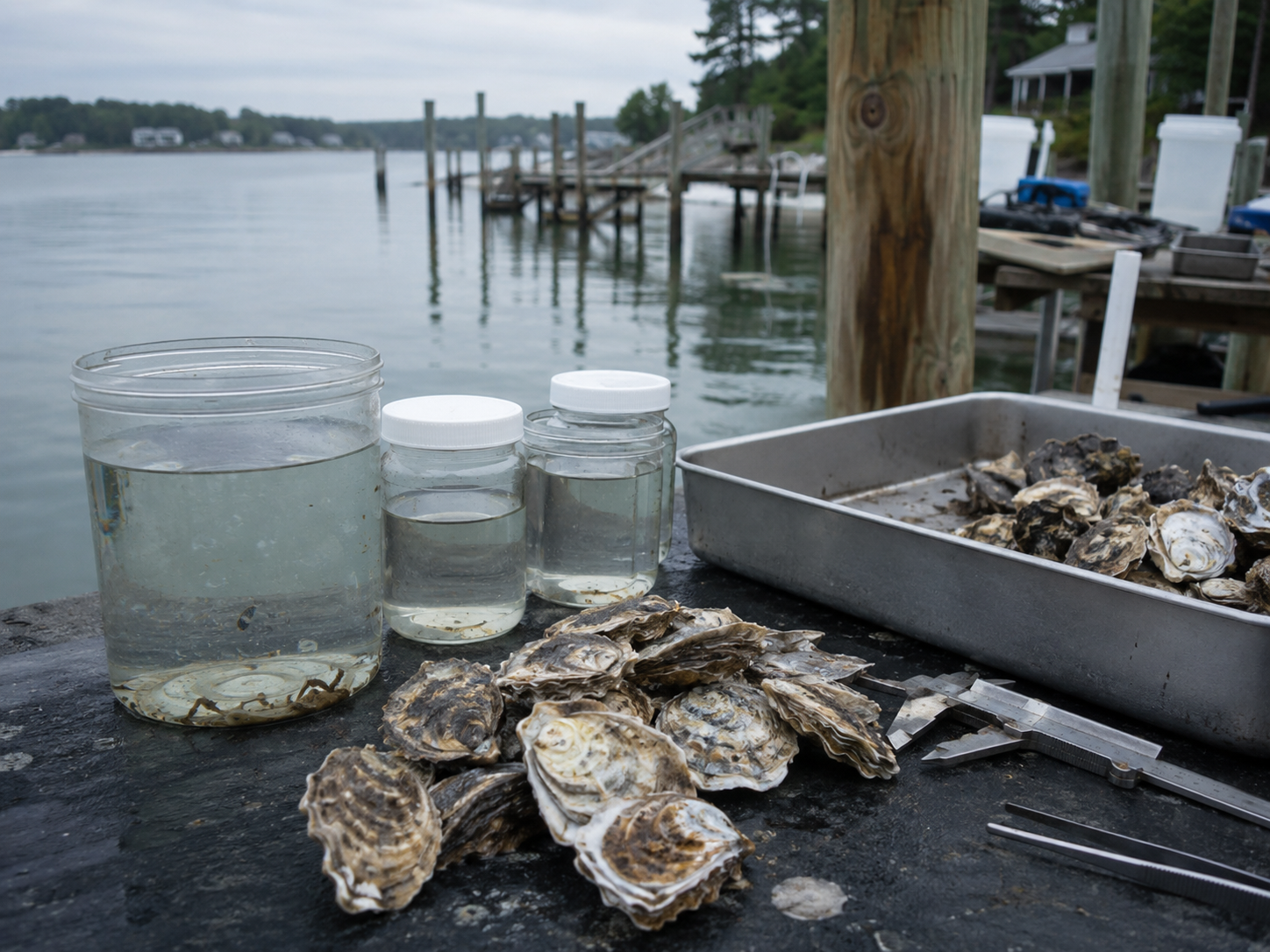 Oyster shells and seawater samples sit on a coastal research table.