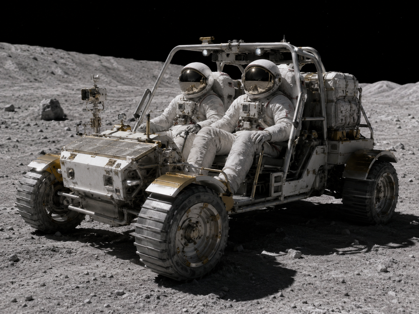 A lunar rover prototype sits in an engineering test area.