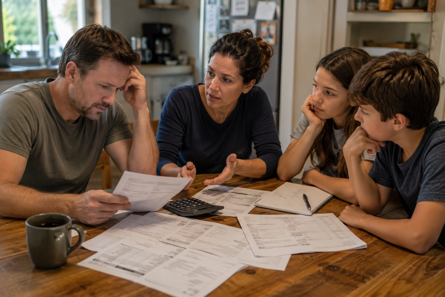 Household bills and a budget notebook on a kitchen table.