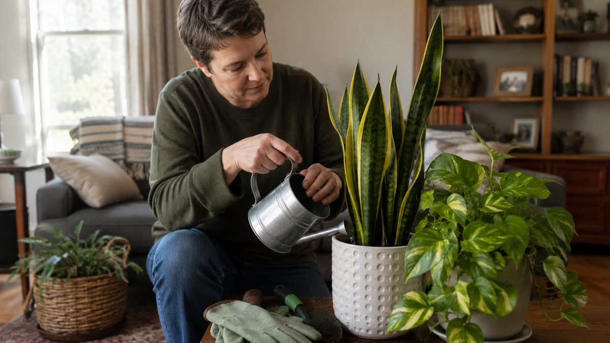 A person caring for easy-to-grow houseplants in a modest living room.