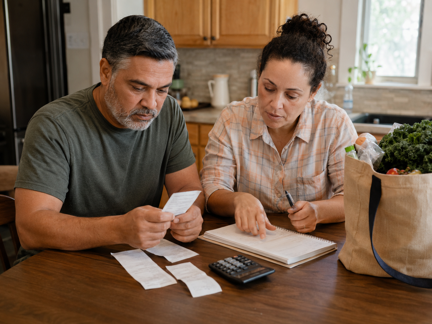 Grocery receipts and a calculator sit on a kitchen table beside a budget notebook.