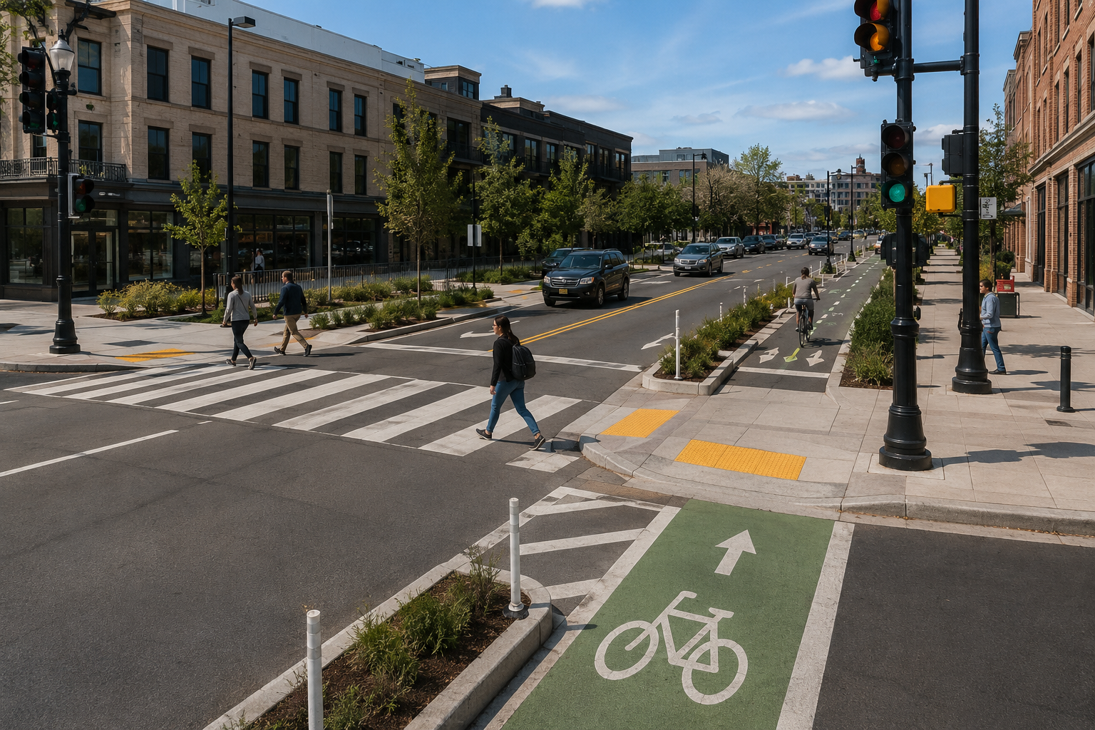 A marked pedestrian crosswalk on a city street