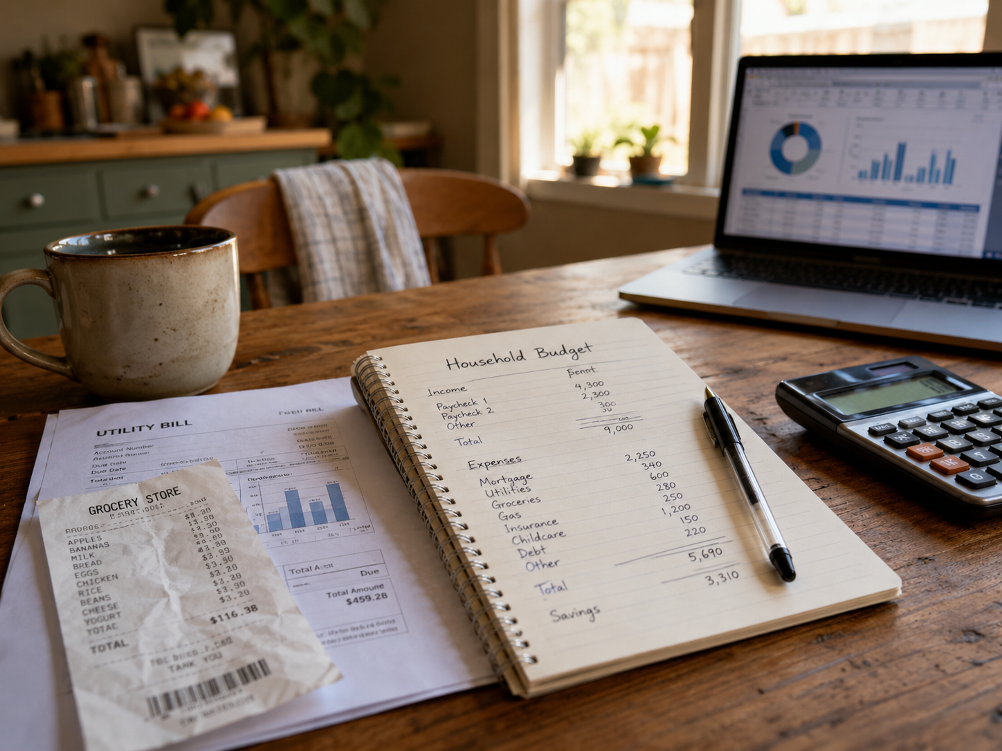 A household budget notebook, receipts, and bills sit on a kitchen table.