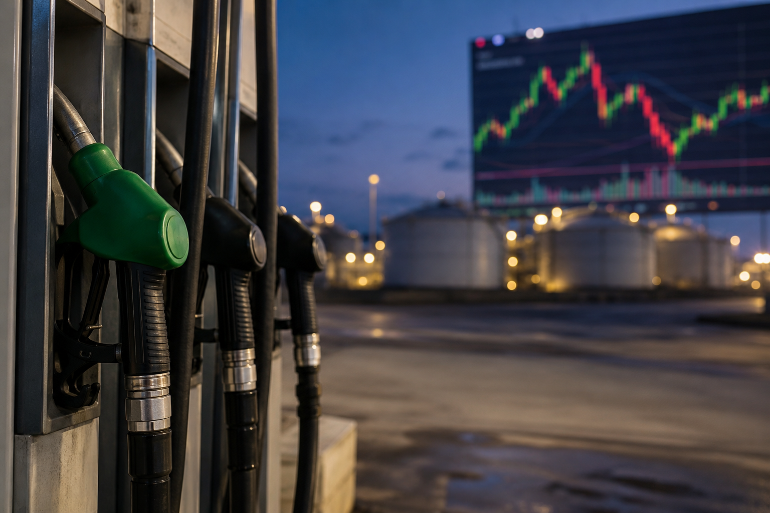 A gas pump with blurred market charts and oil infrastructure in the background.