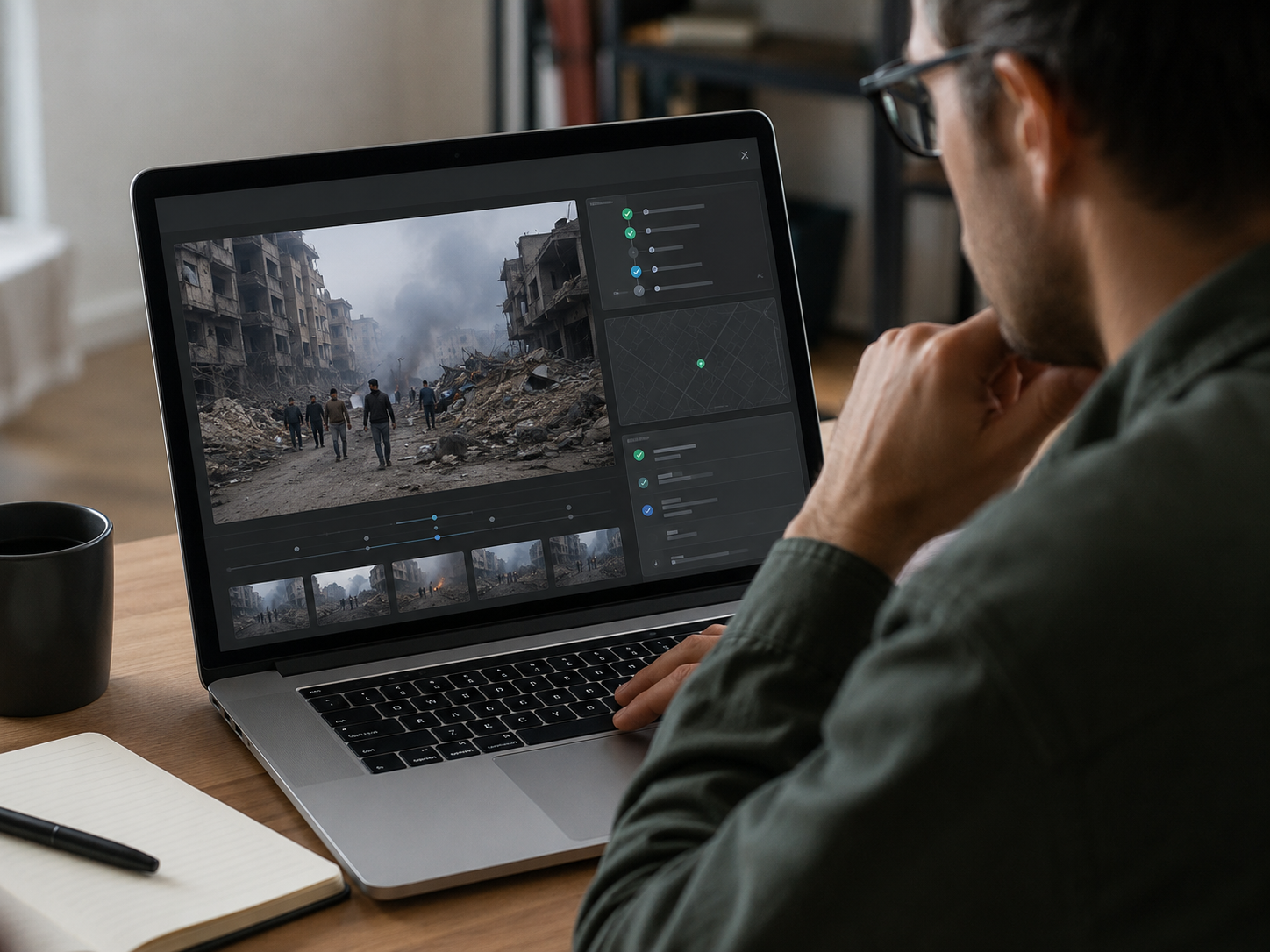 A person reviewing a digital image with abstract verification and metadata indicators on a laptop.