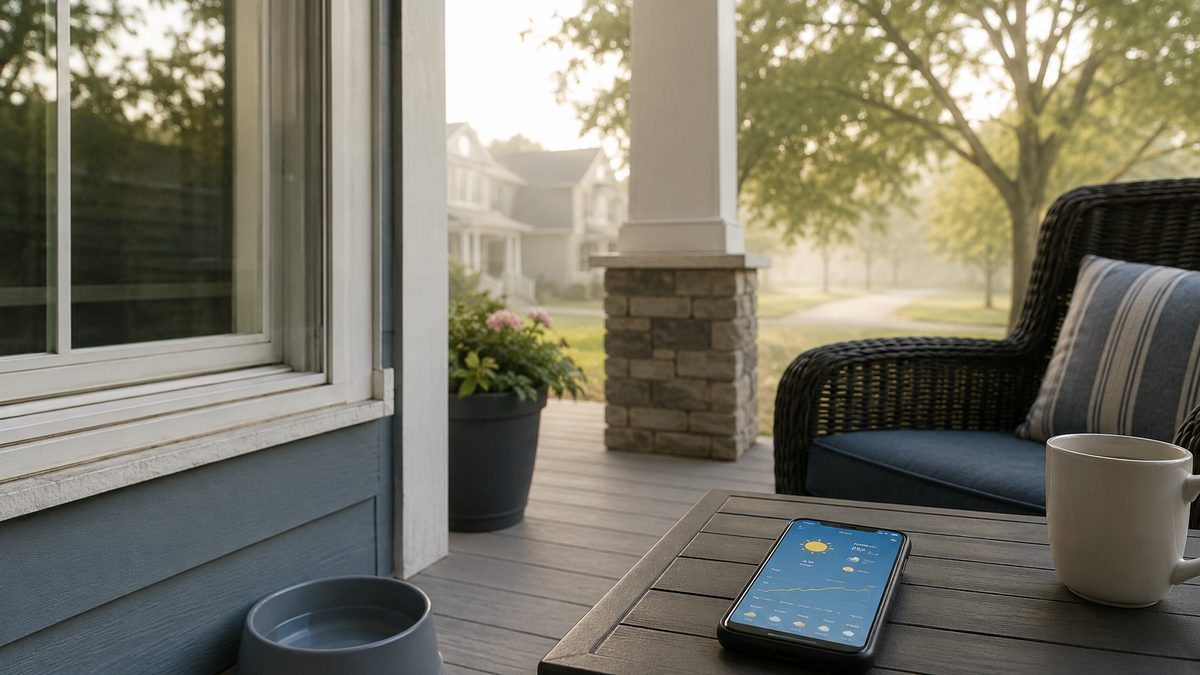 A porch with a pet water bowl and a phone during a hazy summer morning.