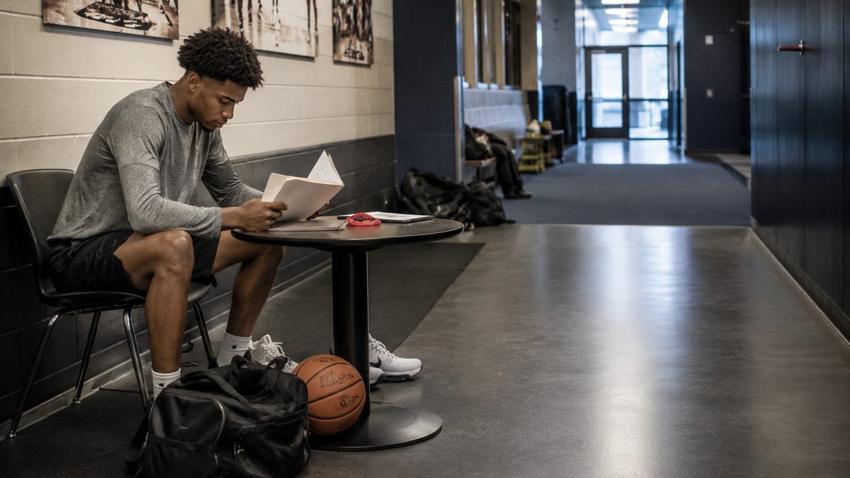 A student-athlete reviews paperwork near sports gear in an athletic facility hallway.