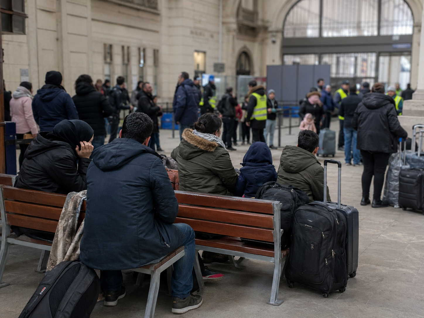 People wait with bags in a European transit hall as officials stand nearby.
