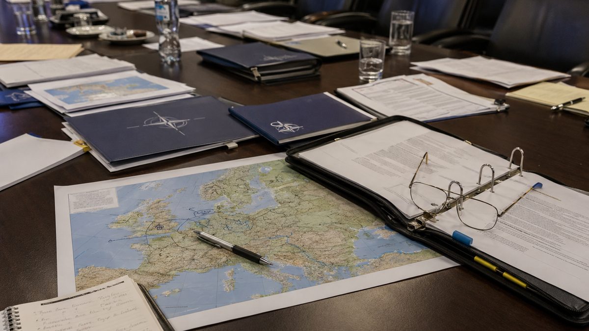 A conference table with European defense planning documents and a map of Europe.