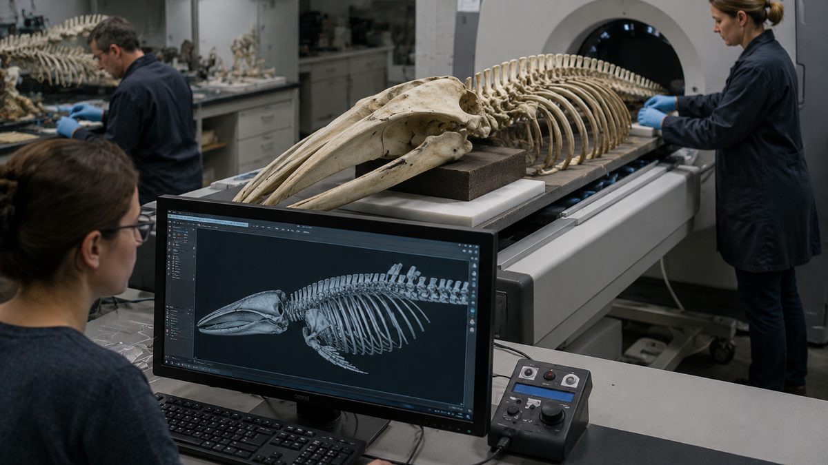 A rare marine mammal skeleton is scanned in a museum imaging lab while a 3D model appears on a monitor.