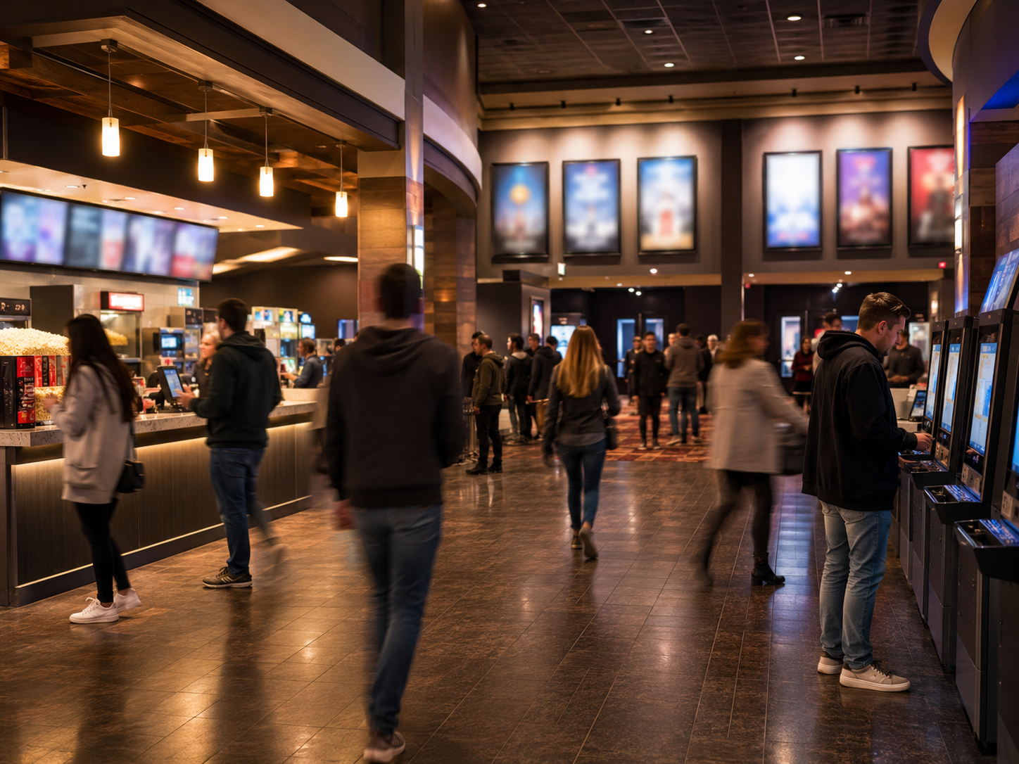 A movie theater lobby with blurred posters and ticket kiosks.