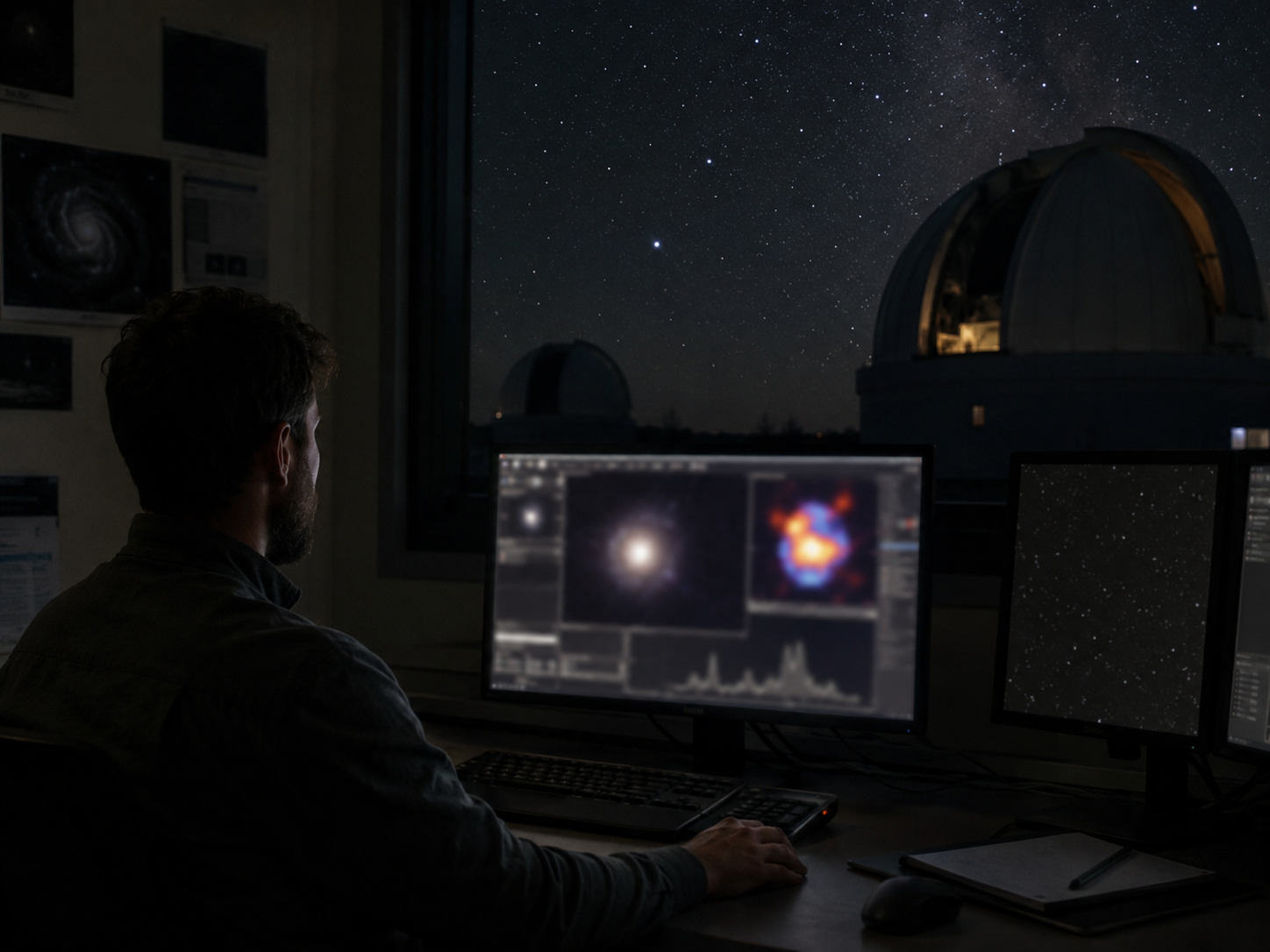 A researcher studies telescope data in an observatory control room.