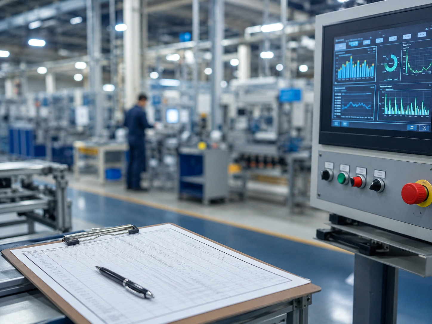 A factory floor representing industrial production and economic output.