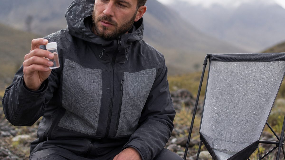 A field researcher wears a water-harvesting jacket and holds a small vial of collected water.