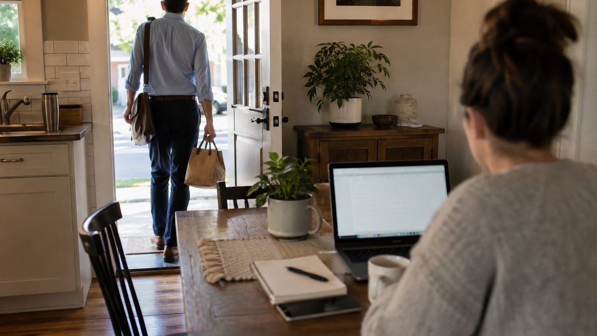 A worker prepares to commute while a laptop workspace sits on a kitchen table.