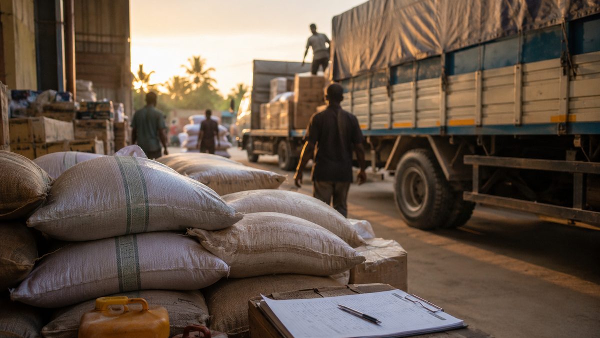 Grain sacks and fuel cans sit near a cargo truck outside an aid warehouse.