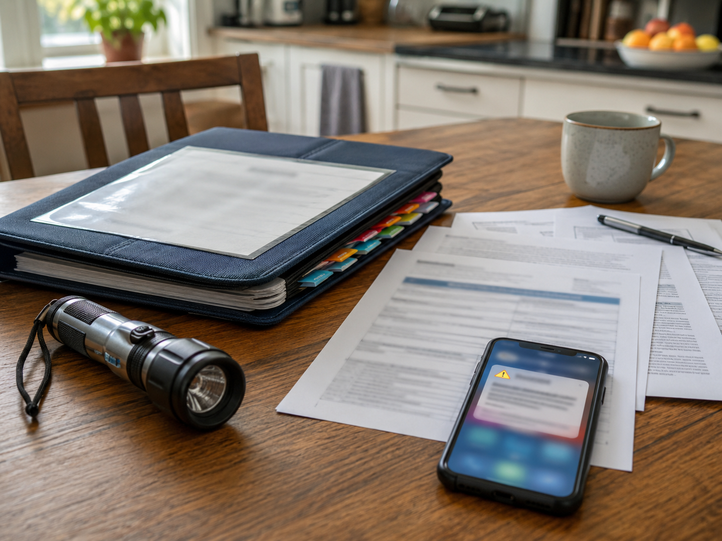 A disaster-preparedness folder, flashlight and blurred insurance papers sit on a kitchen table.