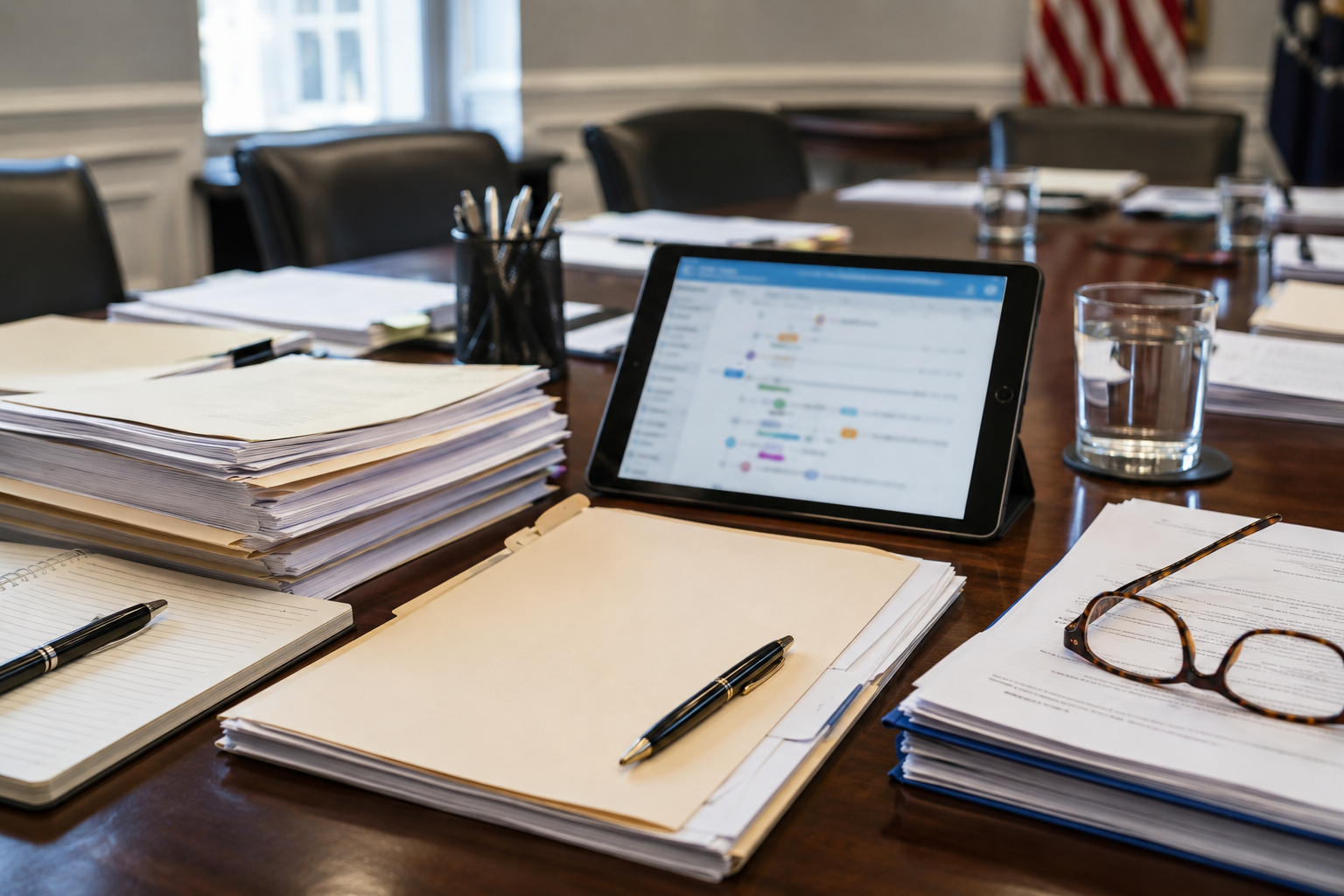 Health policy documents and a blurred vaccine schedule chart on a government office table.
