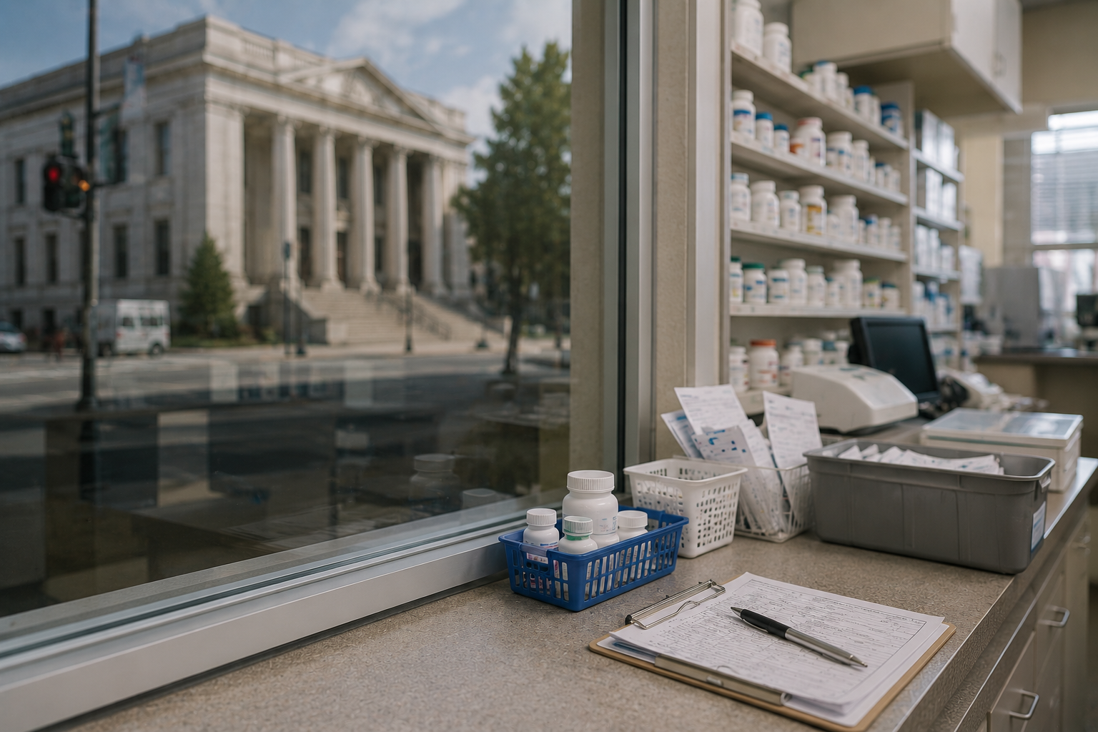 Supreme Court building with legal documents