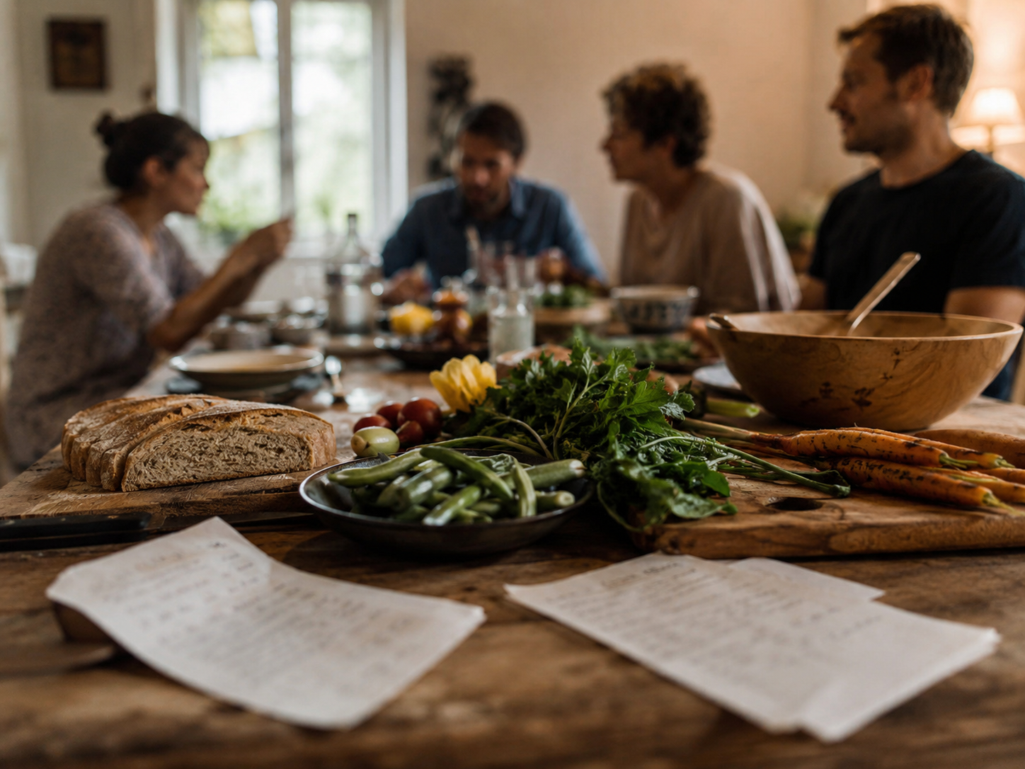 Fresh food and bread sit on a rustic table during a shared meal.