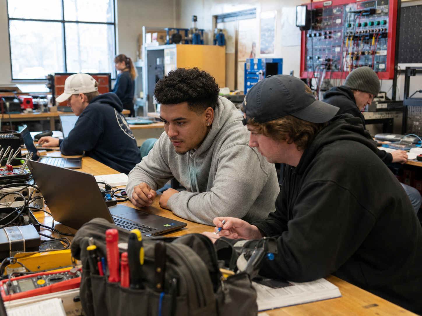 Students work in a technical classroom with laptops and training equipment.