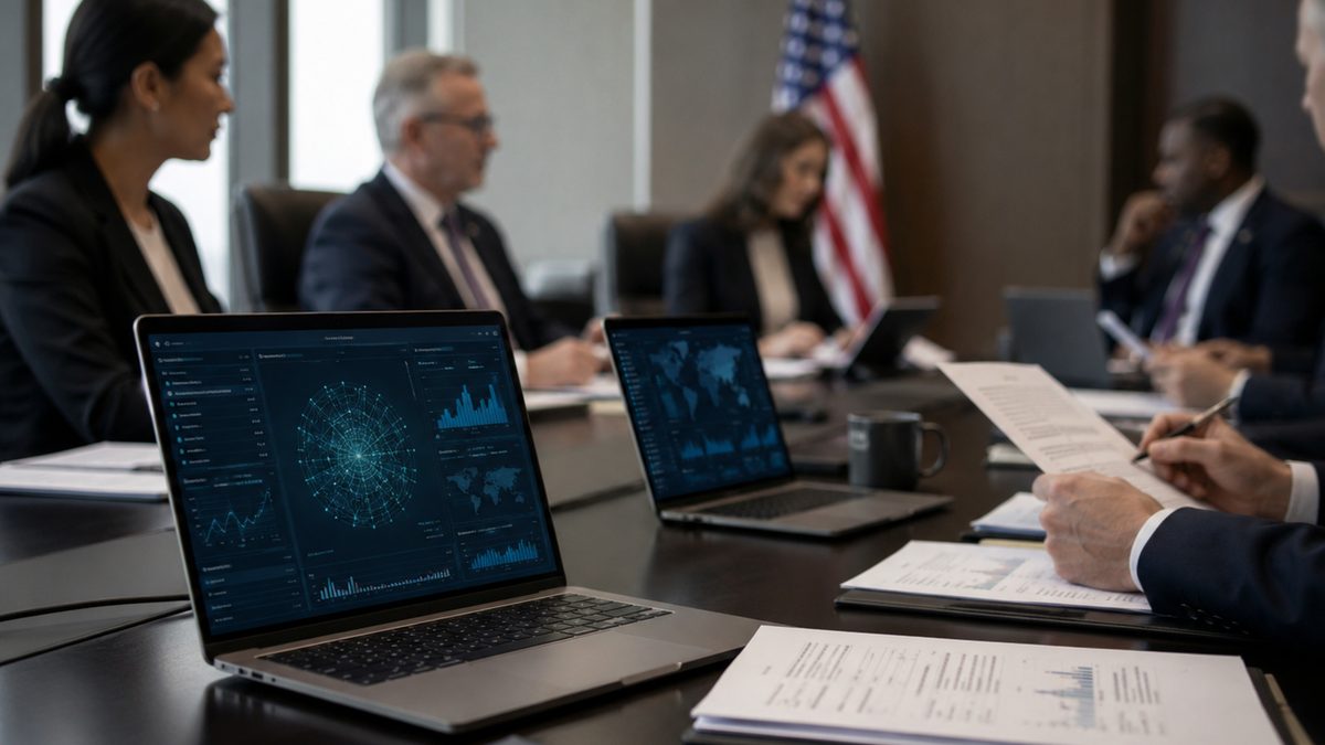 Federal officials review cybersecurity materials on laptops in a quiet conference room.